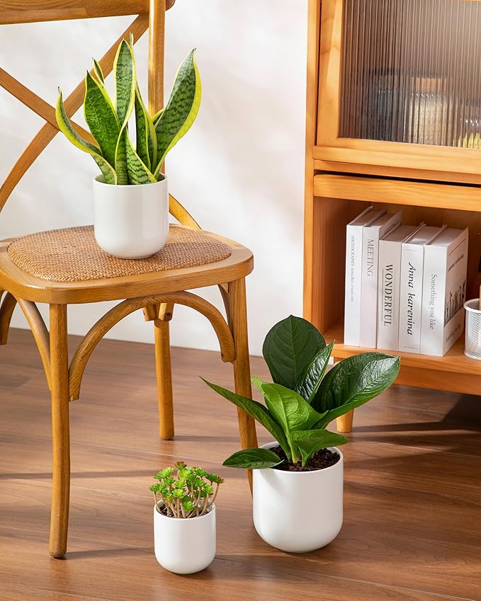 vancasso Ceramic Plant Pots 4+5+6 inches Set of 3 Planters with Drainage Hole Flower Pots Planters Pots for Indoor Plants Modern Indoor Decorative Garden Pot Home Decor White