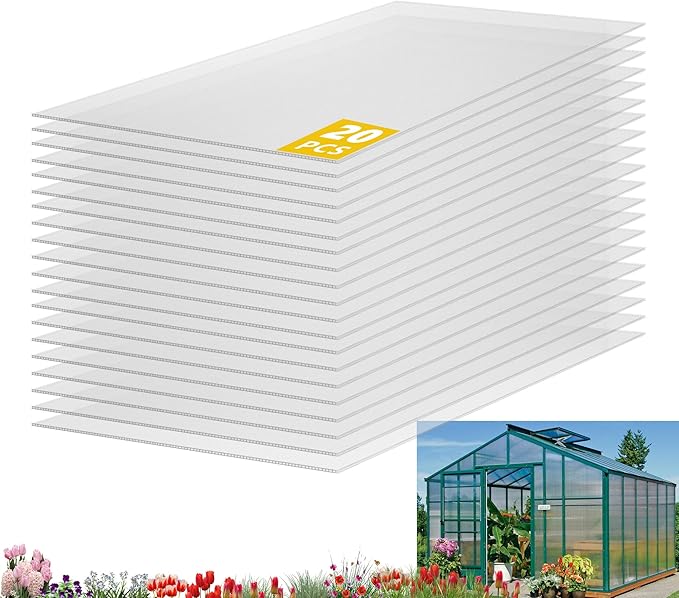 20 Pack Polycarbonate Greenhouse Panels 2'x4' Twinwall Clear UV Protected Sheets for Greenhouse Roofing Waterproof Durable Outdoor Plant Stand Cover