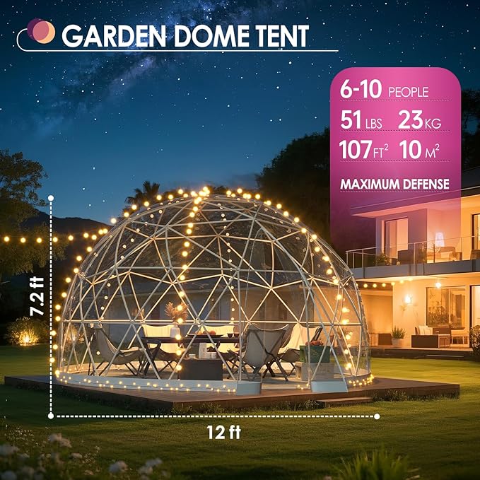 Upgraded 12FT Garden Dome Tent Outdoor Clear Bubble Tent for 6–10 People Geodesic Dome Greenhouse with Waterproof PVC Clear Cover LED Lights Window for Backyard Patio Camping Party