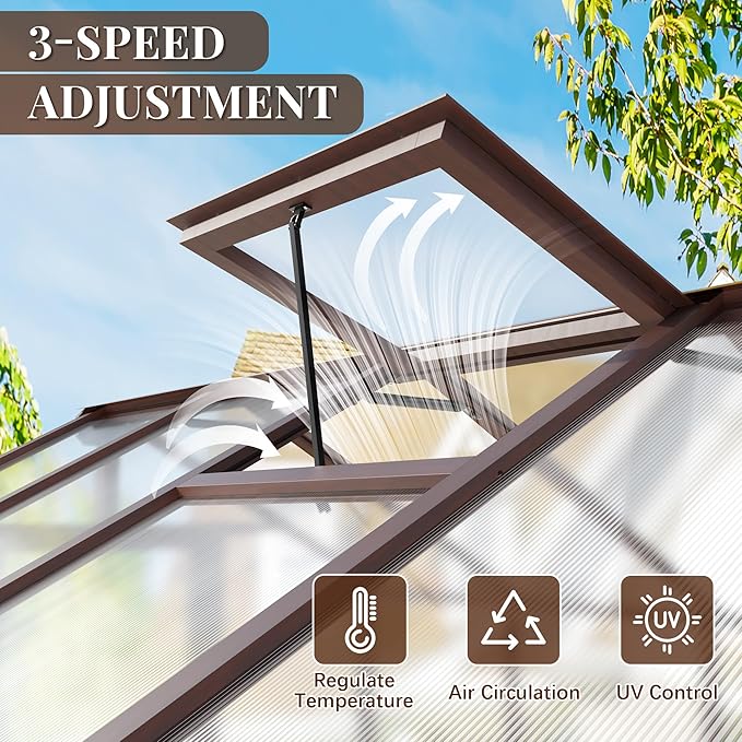 6x8 FT Wooden Greenhouse with Cedar Frame Walk-in Heavy Duty Green House for Outdoors with 6MM Thick Polycarbonate Panel and Adjustable Roof Vents Garden Backyard Patio Lawn Brown