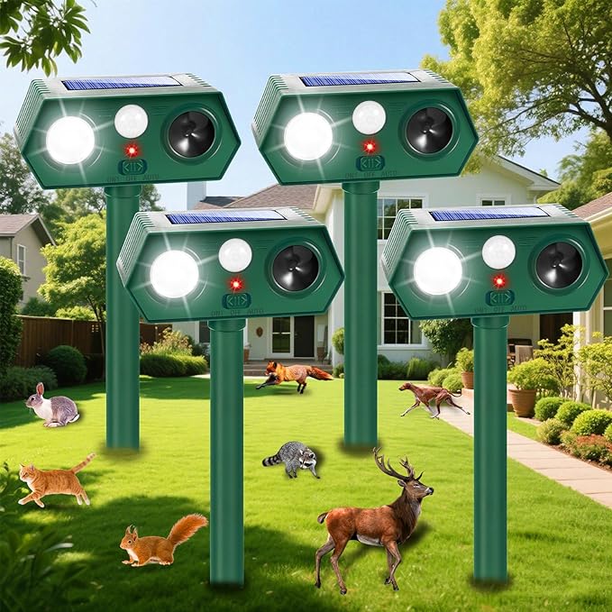 4Pack Solar Ultrasonic Animal RepellentWaterproof Deer Repellent Devices with Motion Detection2025 Cat Repellent Outdoor Squirrel Skunk Rabbit Dog Raccoon Bird Deterrents Animal Repeller for Yard