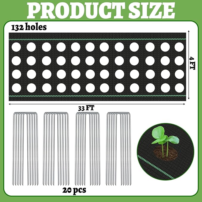 Garden Weed Barrier Landscape Fabric with 132 Planting Holes – 4ft x 33ft Woven Geotextile FabricDriveway FabricDurable Weed Control Mat with 20 Securing Pegs for Flower Beds Vegetable Gardens