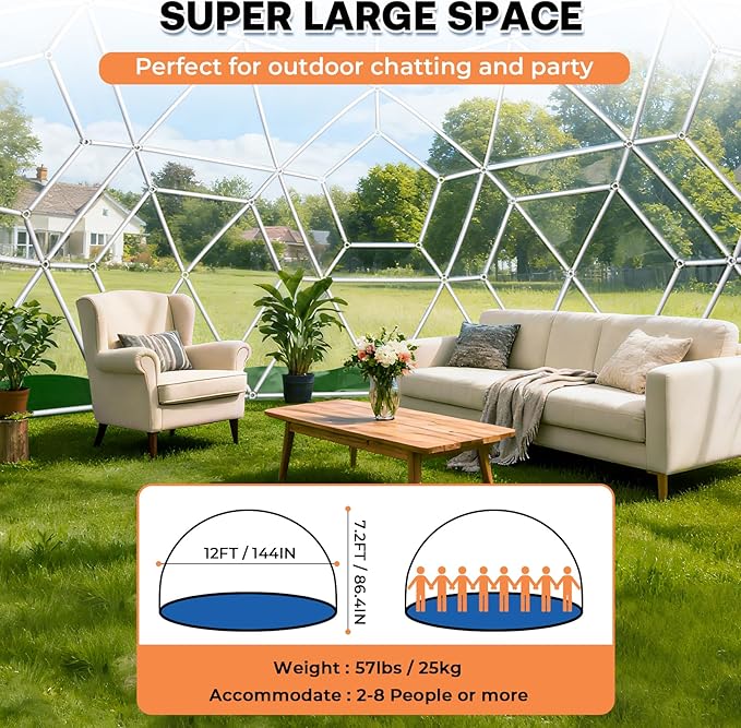 12 x 7.2 FT Garden Dome Tent Outdoor TPU Greenhouse for 4-8 Person Greenhouse Garden Tent with Window Waterproof Clear Dome Tent Suitable for Camping Party Wedding Christmas