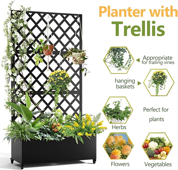 Metal Planter Box with Diamond Lattice Trellis 72x47 Galvanized Raised Garden Bed on Wheels for Climbing Plants Black