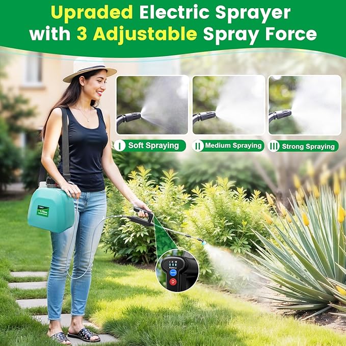 Battery Powered Sprayer 1.35 Gallon 2026 Electric Garden Sprayer with 3 Adjustable Speeds 4 Mist Nozzles Rechargeable Handle Retractable Wand with Adjustable Shoulder Strap for Weed Lawn(Green)