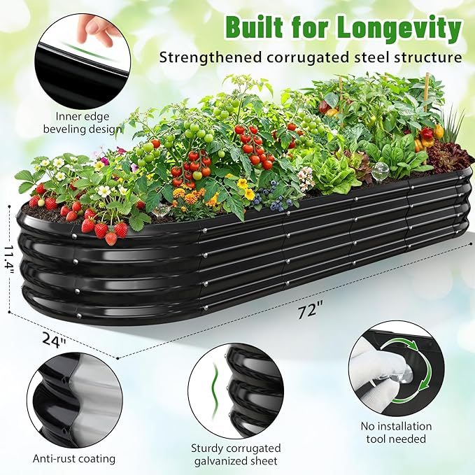 Oval Raised Garden Bed 6 x 2 x 1FT Galvanized Steel Planter Box with Wave-Shaped Metal Panels Painted for Outdoor FlowerTreeHerb &amp Vegetable Garden (Black 72X24X12 inches)