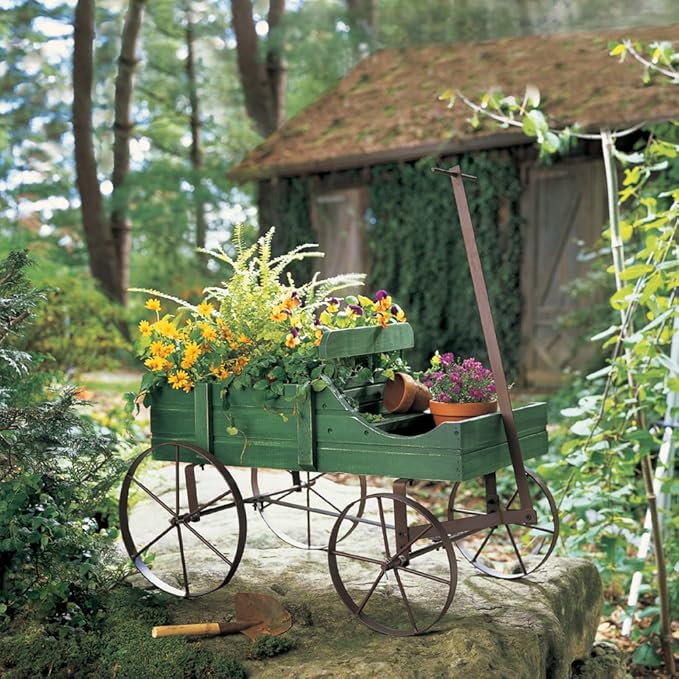 Collections Etc Amish Wagon Decorative Indoor/Outdoor Garden Backyard Planter Green