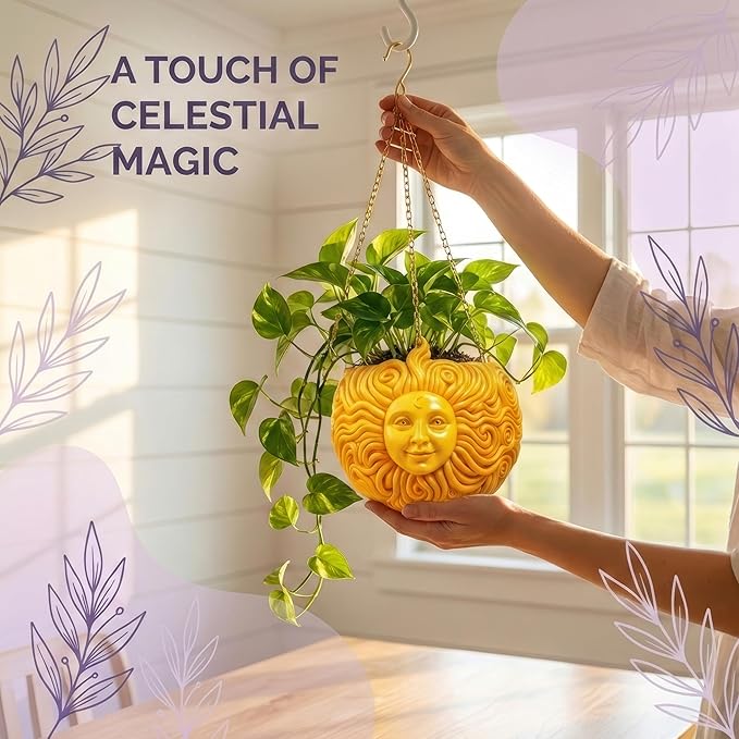 Fun &amp Unique Sun Face Hanging Planter Quirky Celestial Decor for Plant Lovers – Indoor Outdoor Flower Basket for Succulents &amp Small Plants – Decorative Garden Yard Art