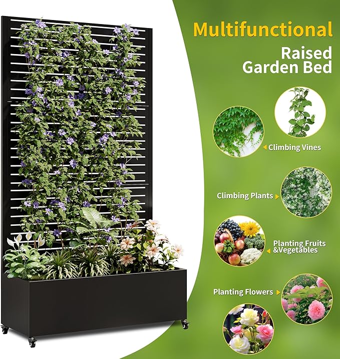 Metal Planter Box with Trellis Raised Garden Bed with 4 Wheels Trellis &amp Privacy Screen for Climbing Plants Vegetables Vines