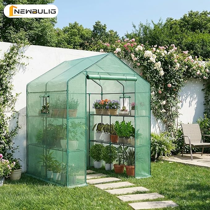 NEWBULIG Walk-in Greenhouse 56.3x56.3x76.7 Outdoor Portable Greenhouse Kit with Thick PE Cover &amp Roll-Up Zipper Door Sturdy Steel Frame with Window for Backyard Patio Garden Green