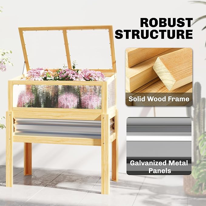 Outsunny Wooden Raised Garden Bed with Detachable Greenhouse Top Raised Garden Bed with Legs and Bed Liner Elevated Planter Box for Flowers Vegetables Herbs Natural