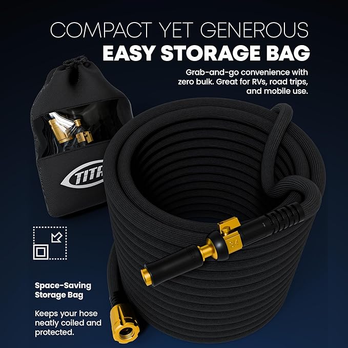TITAN Flexible Garden Hose 50FT – Ultra Lightweight Heavy Duty Water Hose with Brass Fittings &amp Jet Nozzle – Kink-Free Non-Expanding Durable Fabric Hose for Yard Lawn Car Wash Outdoor Use