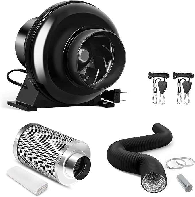iPower Grow Tent Ventilation System 4 Inch Inline Duct Ventilation Fan 195 CFM Carbon Filter and 8 Feet Ducting and 1 Pair Rope Circulation Vent Blower Air Filtration Kit