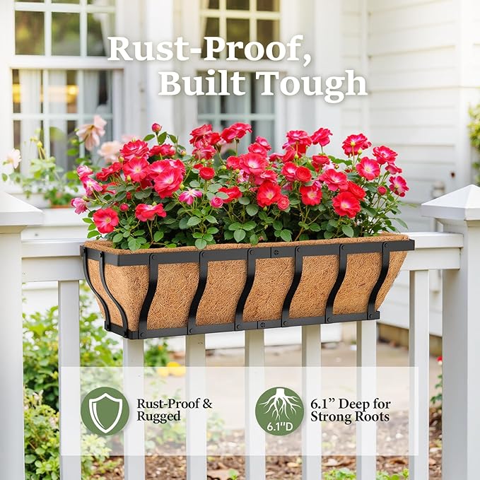 Railing Planter Boxes Heavy Duty Window Box Planters Adjustable Balcony Planters for Railing Hanging with Coco Liner &amp Support Rod for Deck Porch and Patio Gardening (2 Pack 24 Inch)