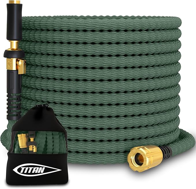 TITAN Flexible Garden Hose 65FT – Ultra Lightweight Heavy Duty Water Hose with Brass Fittings &amp Jet Nozzle – Kink-Free Non-Expanding Durable Fabric Hose for Yard Lawn Car Wash Outdoor Use