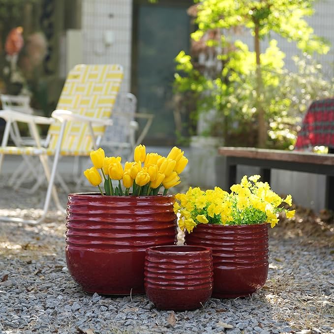 Handmade Glazed Ceramic Planter Set of 3 15118 Inch Diameter Horizontal Groove Pattern for Succulents Flowering Plants Outdoor G Indoor Staircase Bookshelf Use Breathable Clay Deep Red