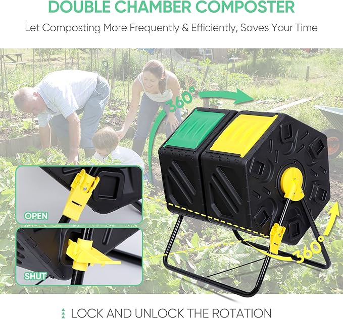 Compost Bin Tumbling Composter Rotating w/ 2 Sliding Doors Compost Bin Dual Chamber All Season Heavy Duty Outdoor Gardening Composting Tumblers Garden Yard (37 Gallon Black)