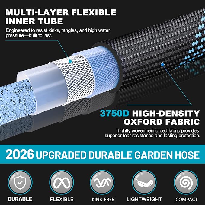 100Ft Non-Expandable Garden Hose with 10 Function Nozzles Flexible Lightweight Kink-Free Leak-Proof Sturdy Water Hose with Strong Brass Connector