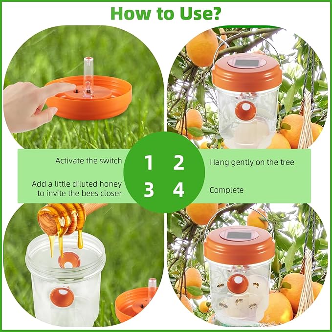 4 Pack Solar Powered Lighted Wasp Trap Outdoor Hanging Hornet Bee Effective Wasp Bee Repellent with Attraction Light