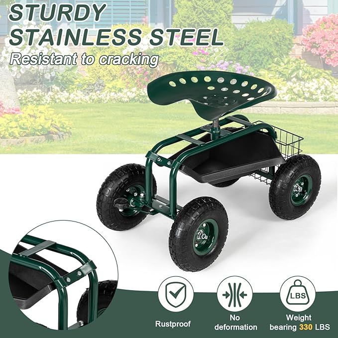 Steel Frame Garden Seat Cart with 360° Swivel Seat – 29.5x17.7x18.5 Adjustable Yard Cart with Tool Tray Pneumatic Tires &amp 330 lbs Capacity
