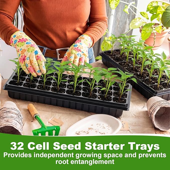 Vesici 32 Pack Seed Starter Trays 32 Cell Seedling Trays with 1020 Flat Tray Deep Plug Nursery Plant Pots for Germination Water Collection Indoor Outdoor Seed Starting &amp Transplanting