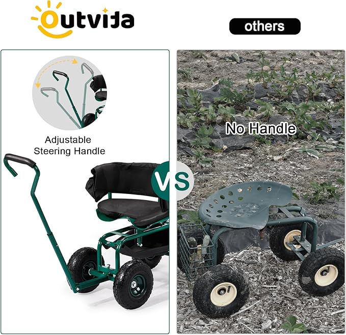 Rolling Garden Cart Garden Scooter with Seat &amp Tool Storage Steering Handles Gardening Helper with Wheels Adjustable Height &amp 360 Degree Swivel Seat Outdoor Gardening Workseat Green