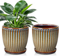 Oairse Ceramic Pots for Indoor Plants 5.7 inch Pots for Plants Set of 2 Brown Planters with Drainage Holes and Saucers Texture Ceramic Planters Indoor Outdoor for Succulent