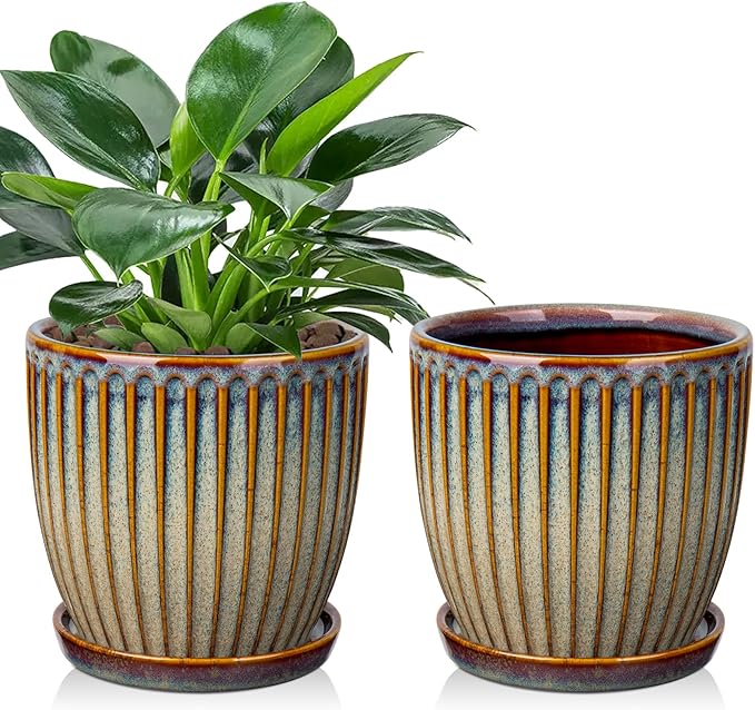 Oairse Ceramic Pots for Indoor Plants 5.7 inch Pots for Plants Set of 2 Brown Planters with Drainage Holes and Saucers Texture Ceramic Planters Indoor Outdoor for Succulent