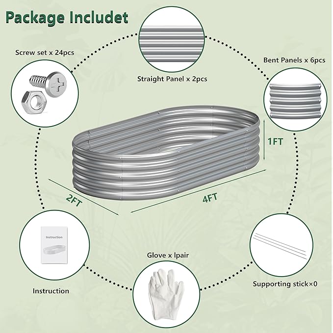 2PCS 4x2x1FT Galvanized Raised Garden Bed KitVegetable Boxes-Oval Metal Flower BoxLarge Planter Raised Beds Outdoor Garden for PlantingFruitHerb-Silver