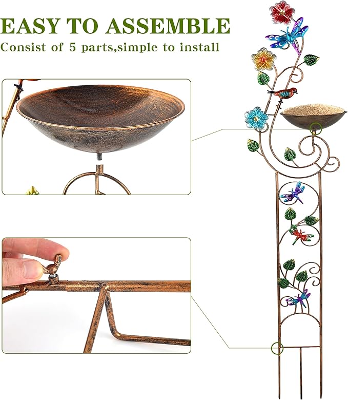 57” Bird Bath with Garden Trellis for Climbing Plants Outdoor Small Decorative Trellises Metal Birdbath Bird Baths 1 Piece (Dragonfly)