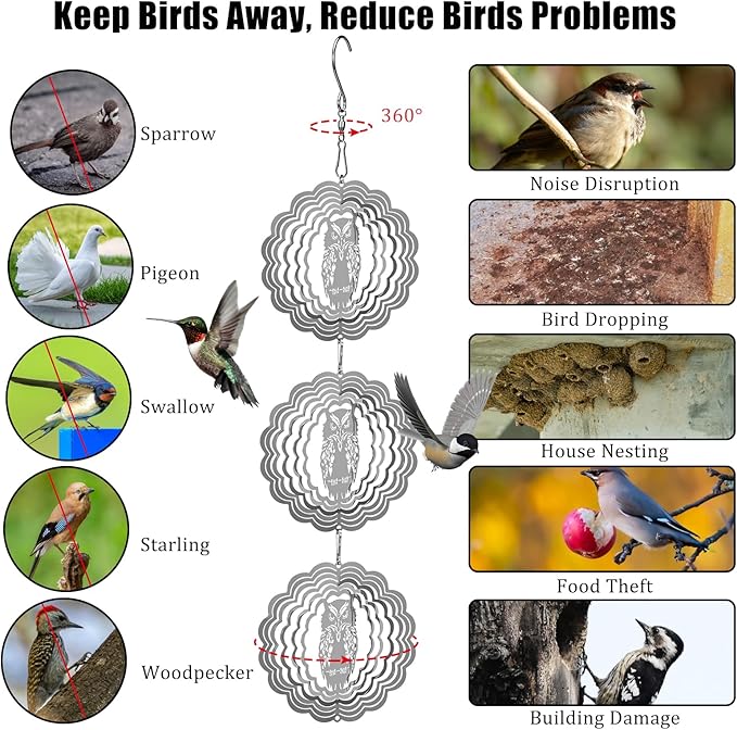 Owl Bird Deterrents for Outside3D Stainless Steel Wind Spinners Outdoor DecorReflective Bird Scare Discs SetShiny Bird Reflectors to Keep Woodpecker Pigeon Away from House Patio Yard Porch
