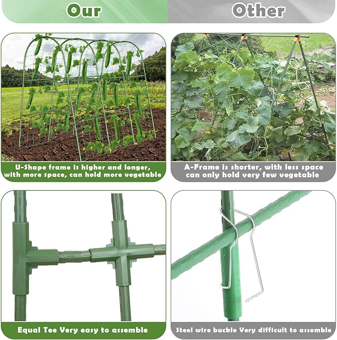 Cucumber Trellis for Raised Bed U-Shape Garden Trellis for Climbing Plants Outdoor with Climbing Net and Plant Support Clip for Tomato Bean Grape Zucchini63 x 47 Inch