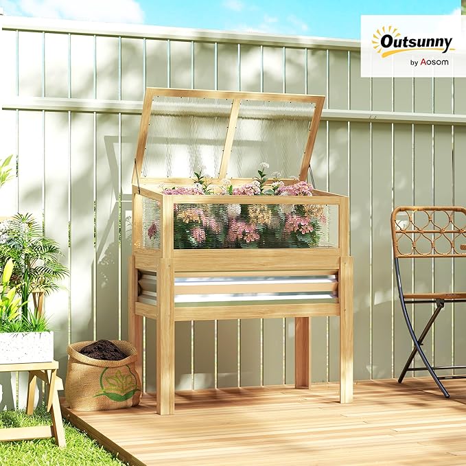 Outsunny Wooden Raised Garden Bed with Detachable Greenhouse Top Raised Garden Bed with Legs and Bed Liner Elevated Planter Box for Flowers Vegetables Herbs Natural