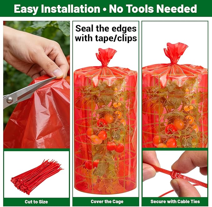 Red Greenhouse Film for Tomatoes 4Mil 4x50FT Tomato Cage Covers with Cable Ties UV Resistant Red Plastic Film for Early Harvest Easy DIY Installation Protect Plants Against Pests and Harsh Weather