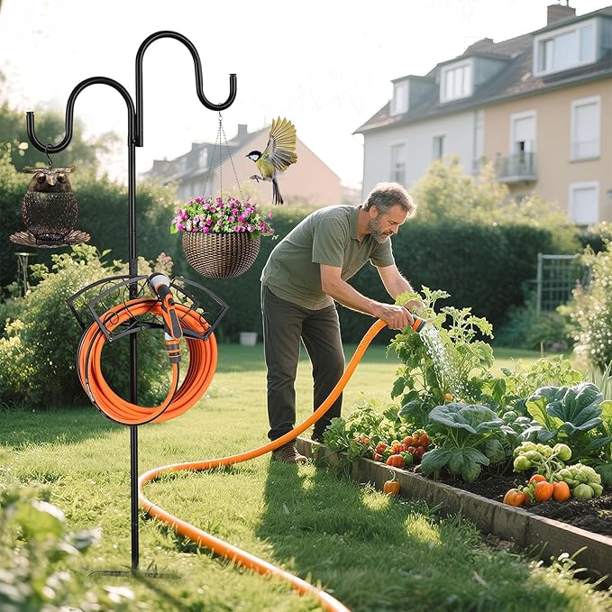Garden Hose Holder Upgraded Heavy Duty Water Hose Holder Freestanding Hose Stand with 2 Shepherds Hooks Thickened Bird Feeder Pole Detachable Water Pipe Rack Organizer for Outside Yard Lawn