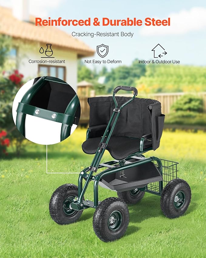 VEVOR Garden Seat with Wheels Rolling Garden Stool with Height Adjustable &amp 360° Swivel Seat 400lbs Weight Capacity Gardening Cart Bench Ergonomic Backrest &amp Tool Storage for Yard Patio