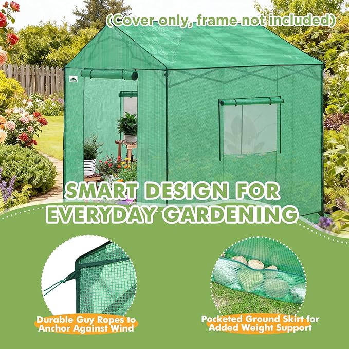 EAGLE PEAK Replacement Cover for 8x8 Gable Roof Pop up Greenhouse Front and Rear Roll-Up Zipper Entry Doors and 2 Large Roll-Up Side Windows (Frame Not Included) Green