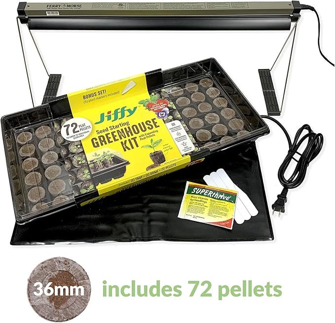 Ferry Morse Your Complete Indoor Seed Starting Kit Including Heat Mat T5 Grow Light Fixture and 72 Cell 36mm Pellet Seed Starter Greenhouse Kit