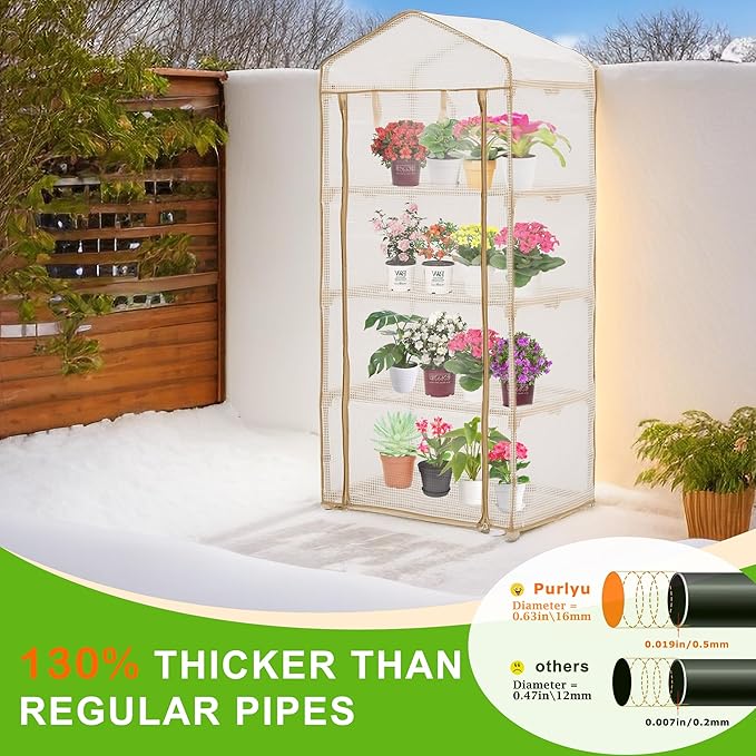 4-Tier Mini Greenhouse – Indoor or Outdoor Gardening Hot House with PE Zippered Cover and Metal Shelves for Growing Vegetables Flowers and Seedlings 63'' H x 27'' L x 19'' W (PLGH704OWW)