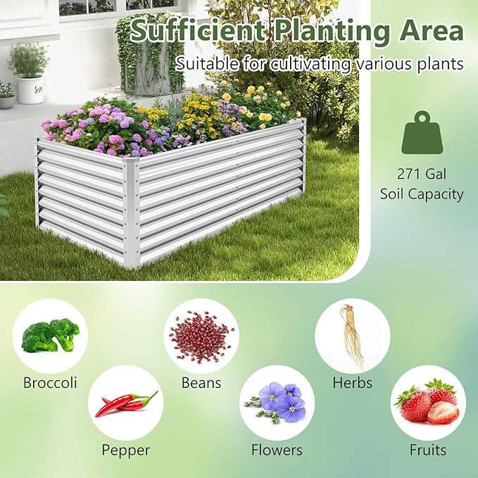 Giantex 6x3x2ft Raised Garden Bed Large Metal Elevated Rectangular Planter Bed 271 Gallon Capacity Outdoor Planting Garden Box for Vegetable Flower Herb Grow (Silver)