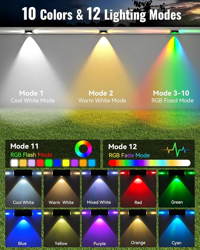 Solar Fence Lights Outdoor 8 Pack 12 Mode RGB Color Changing &amp Warm/Cool White Waterproof IP65 3-LED Dusk to Dawn Fence Lights Solar Powered for Wall Railing Patio Step Backyard Outside