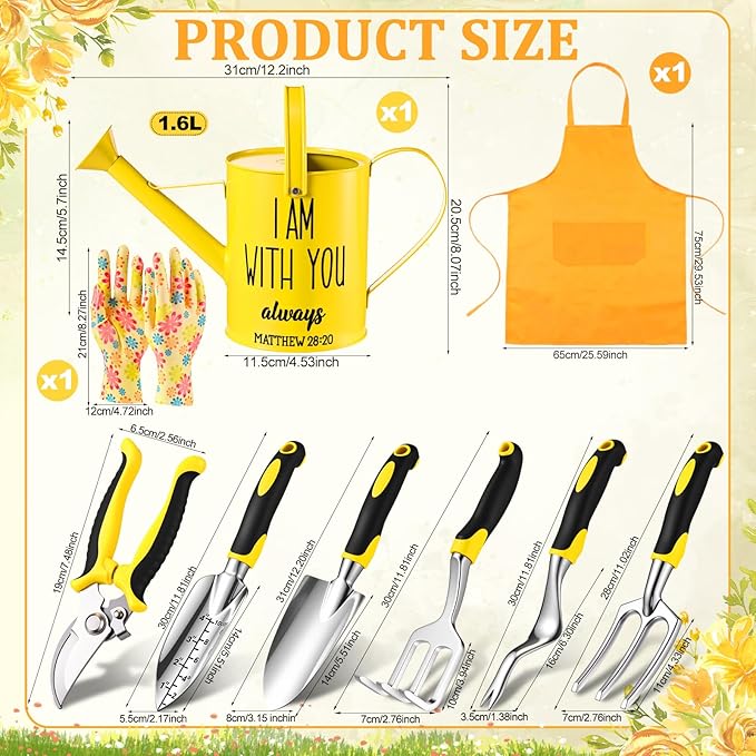 9 Pcs Garden Tools Set Gardening Gifts for Women Include 6 Heavy Duty Garden Hand Tools 1. 6L Christian Galvanized Metal Watering Can Apron Gloves Ideal Gifts for Women Mom Grandma(Yellow)