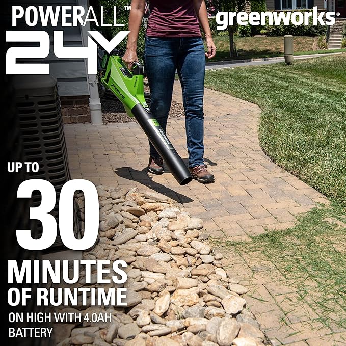 Greenworks 24V (110 MPH / 450 CFM / 200+ Compatible Tools) Cordless Brushless Axial Leaf Blower 4.0Ah Battery and Charger Included