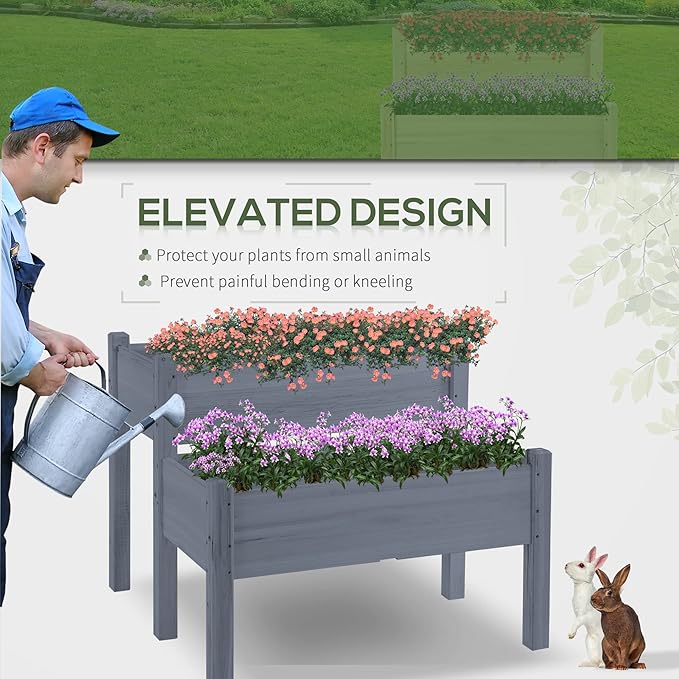 34x34x28 Raised Garden Bed 2 Tier Elevated Wood Planter Box for Backyard Patio to Grow Vegetables Herbs and Flowers Gray