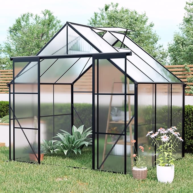 8x6 Greenhouse for Outdoor with Double Door and Adjustable Roof Walk-in Polycarbonate Gardening Green House with Raised Base and Anchor Drainage System for Backyard Lawn Black