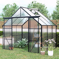 8x6 Greenhouse for Outdoor with Double Door and Adjustable Roof Walk-in Polycarbonate Gardening Green House with Raised Base and Anchor Drainage System for Backyard Lawn Black