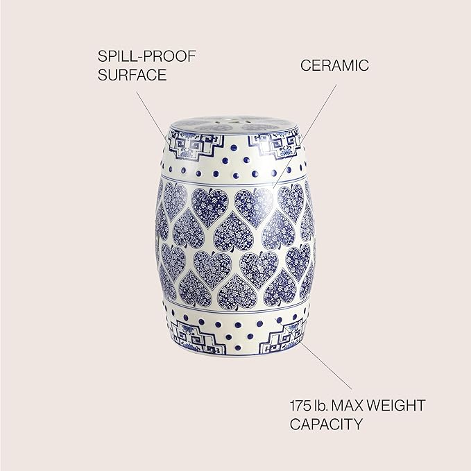 JONATHAN Y TBL1014A Happy Hearts 17.8 Chinoiserie Ceramic Drum Indoor/Outdoor Garden Stool Bohemian Coastal Cottage French Country Traditional Side Table Plant Stand Spill-Proof Blue/White