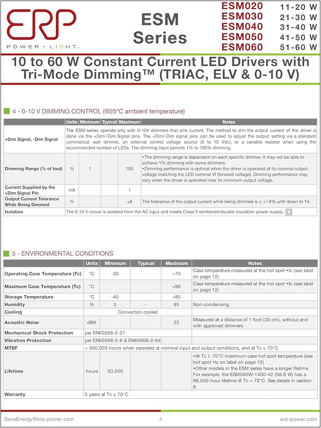 ERP ESM050W-1050-42 Constant Current LED Driver - 50W 1050mA | Universal 120-277V Input | Bottom Exit Leads with Studs