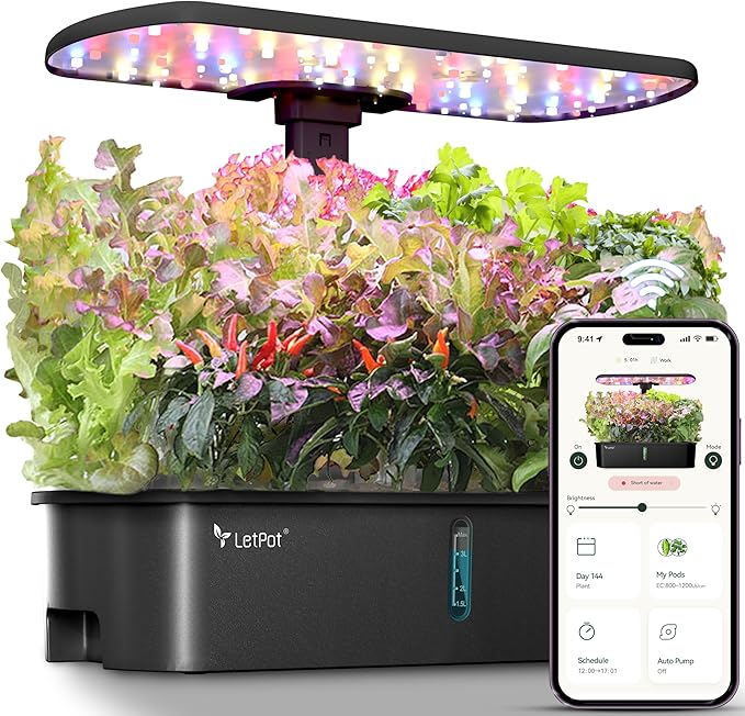 LETPOT LPH-Air Hydroponics Growing System Kits APP &amp WiFi Controlled Smart Indoor Garden with 24W Grow Light Full Spectrum 10 Pods Planter Indoor Gardening for Gifts Kitchen Vegetable (Black)