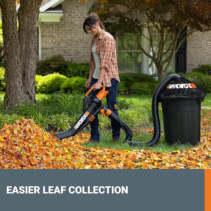 WORX Trivac 3 in 1 Electric Leaf Blower for Lawn Care Leaf Vacuum with 350 CFM &amp 210 MPH Leaf Mulcher with Metal Impeller Reusable Bag Included WG505.2